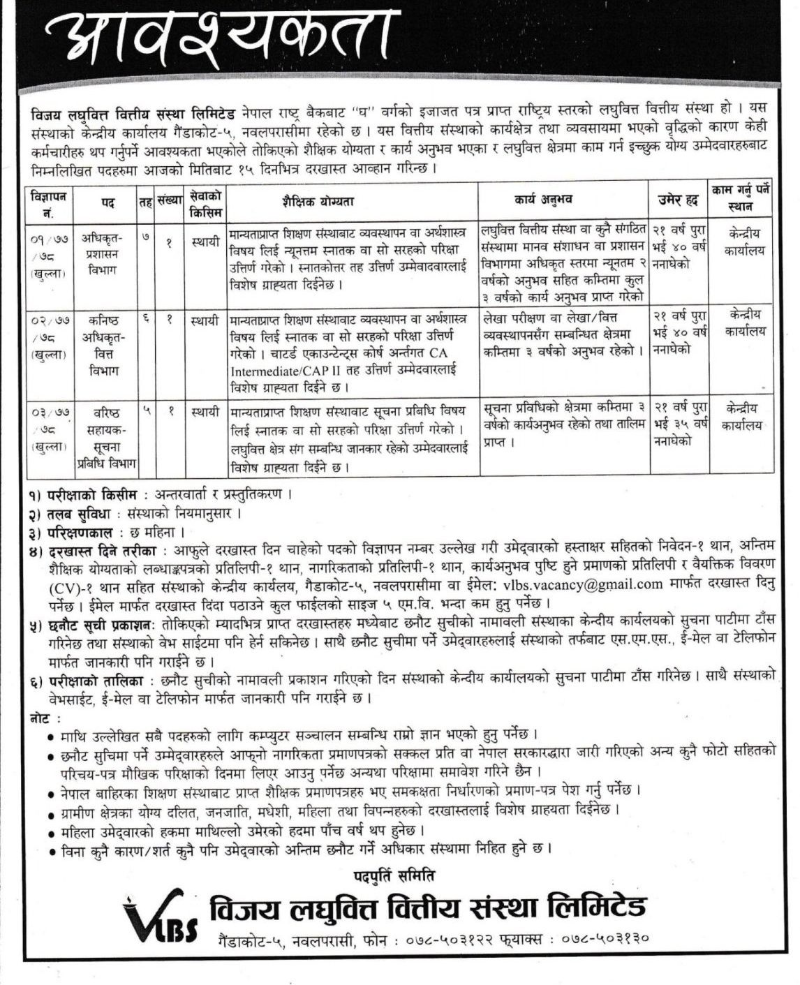 Job Vacancy in Vijaya Microfinance Ltd